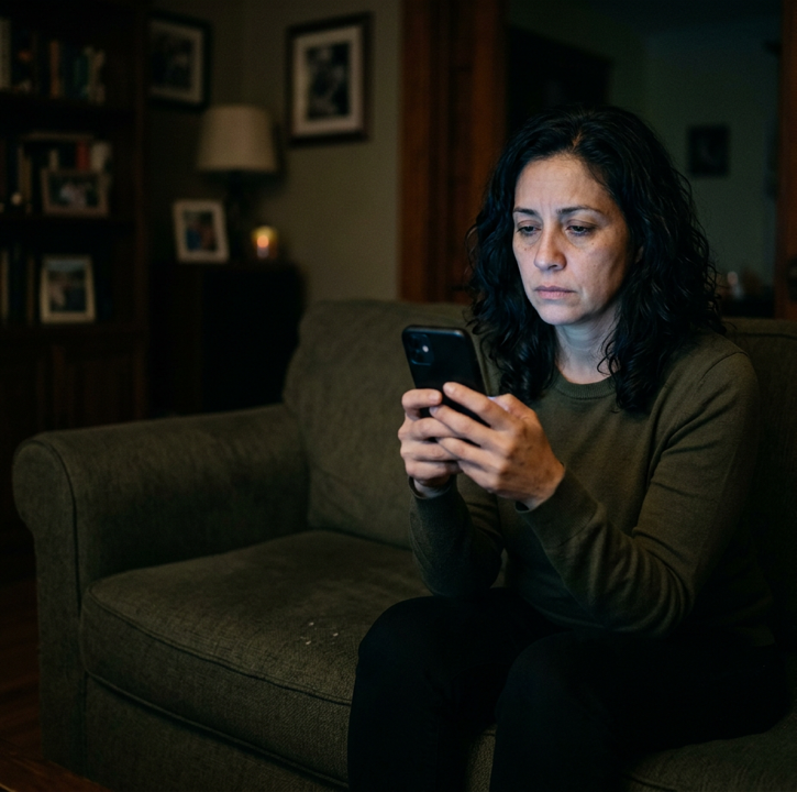Mujer mirando el celular esperando una respuesta